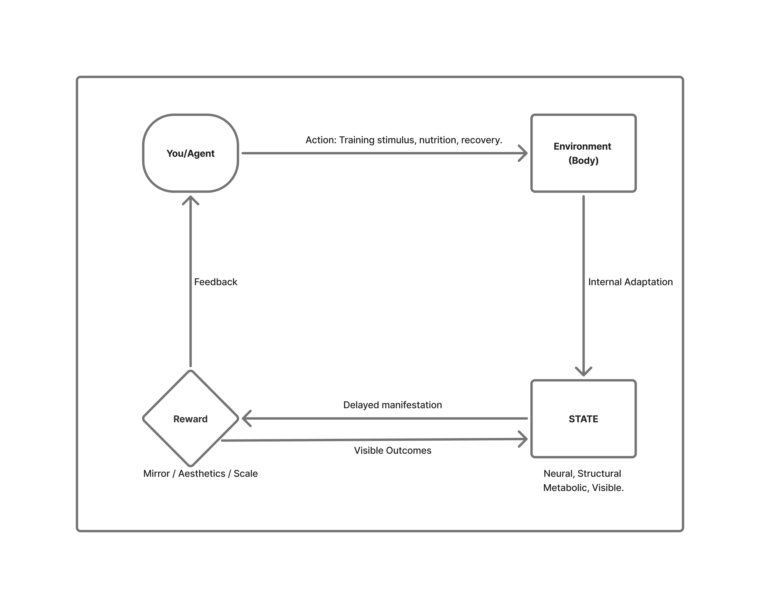 Sparse rewards loop showing delayed physical training feedback.